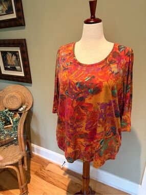 Peruvian Connection XL Orange, Red, Teal Multi Floral Scoop Neck Pima Cotton Tee